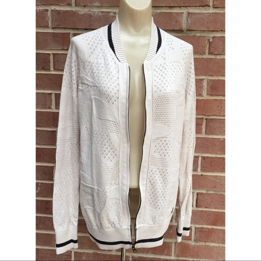 Element Eden Patterned Pointelle Knit Ribbed Knit Trim Full Front Zip Cardigan - Picture 11 of 15
